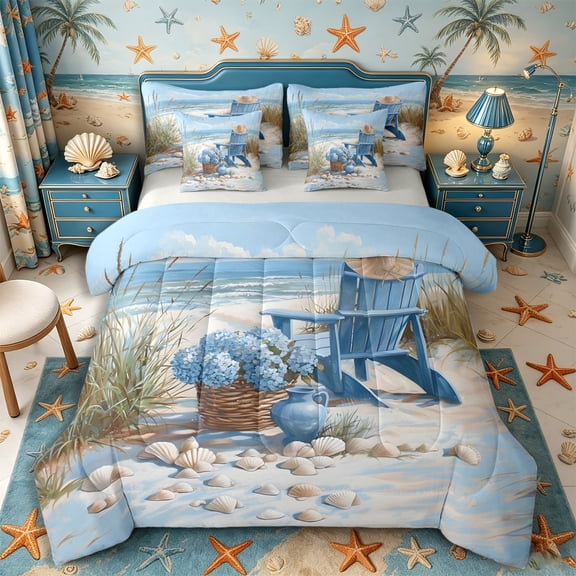 Castle Fairy Oil Painting Coastal Chair Art Full Size Bedding Sets 7 Pieces,Hydrangea Seashell Dune Beach Layout Full Size Bed in a Bag,Sky Beige,Grey Reversible