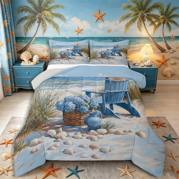 Castle Fairy Oil Painting Coastal Chair Art Full Size Comforter Sets 3-Piece,Hydrangea Seashell Dune Beach Layout Bedding Comforter Set,Sky Beige,Grey Reversible,1 Comforter and 2 Pillowcases