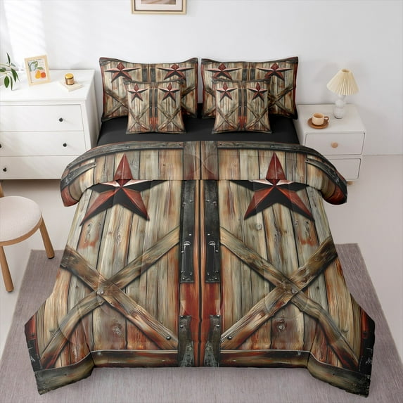 Castle Fairy Old Barn Door Twin Bedding Sets 7-Piece for Boys Girls,Western Texas Star Bedding Comforter Set Microfiber,Retro Vintage Aesthetics Breathable Sheet Sets,Breathable Home Decor