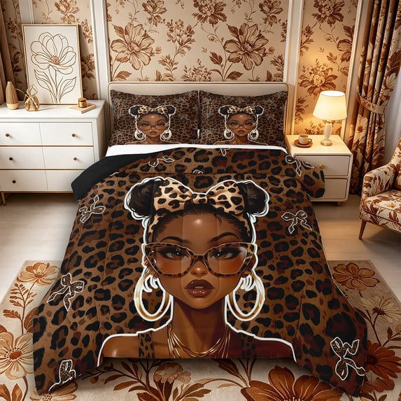 Castle Fairy Old Fashion Black Girl Full Size Comforter Sets 3-Piece,Vintage Leopard Print Bow Bedding Comforter Set,Brown Black,Black Reversible,1 Comforter and 2 Pillowcases