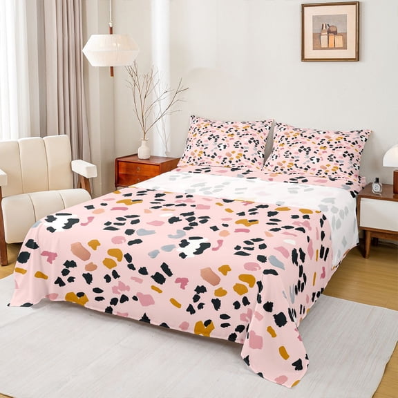 Castle Fairy Old Fashion Cheetah Print 4pcs Bed Sheets for Kids Teens Girls,Black Pink Leopard Print King Sheets,Dreamy Princess Super Cozy Sheet Set,Microfiber Bedroom Decor