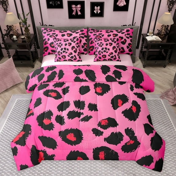 Castle Fairy Old Fashion Cheetah Print Bedding Comforter Set 7-Piece for Kids Teens Girls,Black Pink Leopard Print King Bedding Sets,Dreamy Princess Ultra Soft Bed Sheets,Microfiber Bedroom Decor