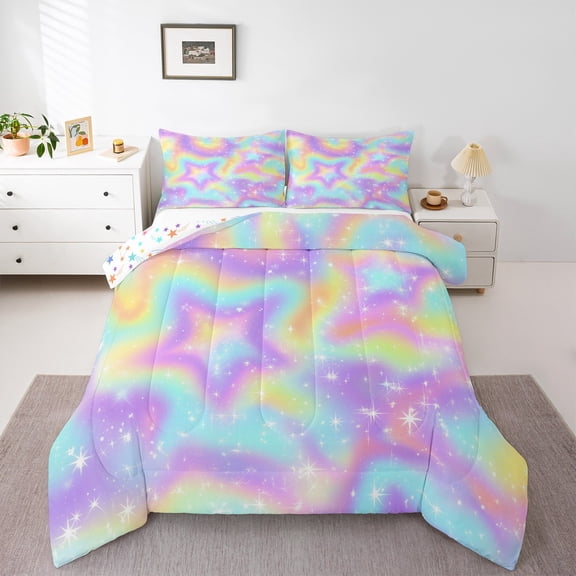 Castle Fairy Ombre Stars 3 Pieces Queen Comforter Set,Gradient Rainbow Ultra Soft Bedding Sets,Tie Dye Bedding Comforter Set,Ultra Soft Starry Sky Home Decor,Reversible