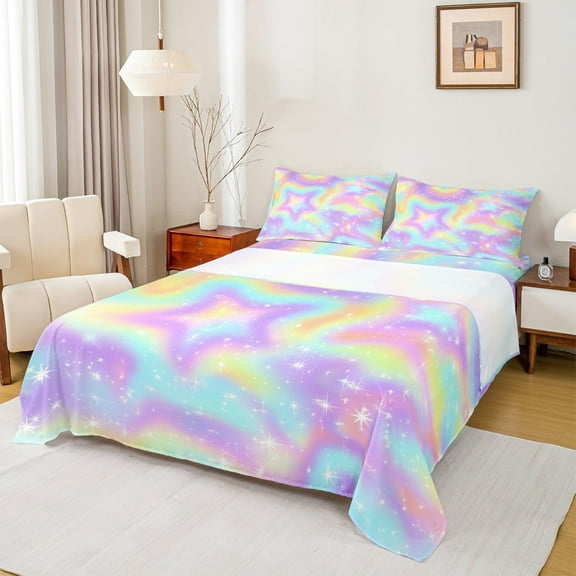 Castle Fairy Ombre Stars 3pcs Twin Sheet Sets,Gradient Rainbow Twin Fitted Sheet,Tie Dye Breathable Flat Sheet,Ultra Soft Starry Sky Home Decor
