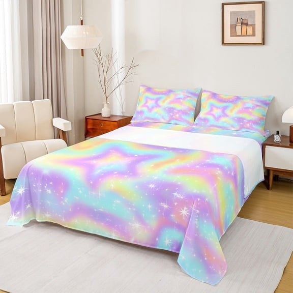 Castle Fairy Ombre Stars 4 Pieces Queen Sheet Sets,Gradient Rainbow Ultra Soft Flat Sheet,Tie Dye Queen Fitted Sheet,Ultra Soft Starry Sky Home Decor
