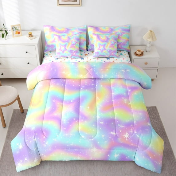Castle Fairy Ombre Stars 7-Piece Twin Bedding Sets,Gradient Rainbow Bedding Comforter Set,Tie Dye Breathable Sheet Sets,Ultra Soft Starry Sky Home Decor,Reversible