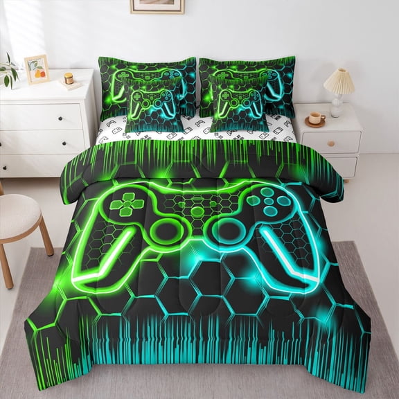 Castle Fairy Ombre Video Game Bedding Comforter Set,Honeycomb Gamepads Full Bedding Set