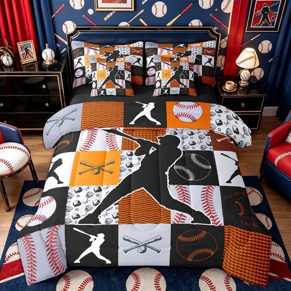 Castle Fairy Orange Baseball Collage Twin Bedding 7-Piece, Sport Geometric Grid Bedding Comforter Set, Orange Red Black,Black Reversible