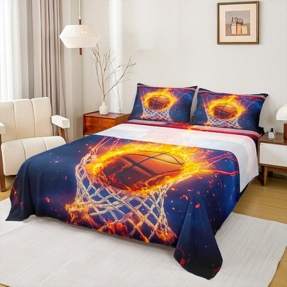 Castle Fairy Orange Basketball 3pcs Twin Sheet Sets,Sport Theme Twin Fitted Sheet,Ball Gamer Breathable Flat Sheet,Luxury Teenagers Bedroom Decor