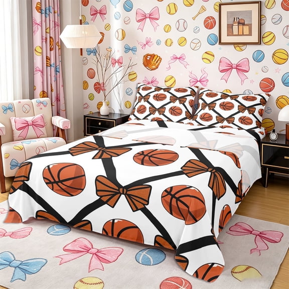 Castle Fairy Orange Basketball Bed Sheets 4-Piece, Sport Theme Bow Full Size Sheets,1 Fitted Sheet, 1 Flat Sheet and 2 Pillowcases