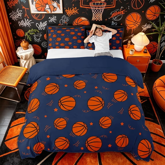 Castle Fairy Orange Basketball Duvet Cover King, Sport Theme King Bedding, Blue Orange,Navy Blue Reversible,3 Pieces,1 Duvet Cover and 2 Pillowcases