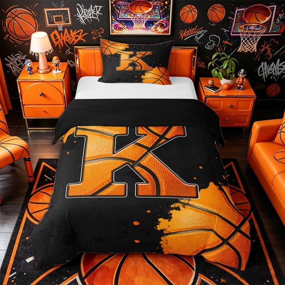 Castle Fairy Orange Basketball Initial K Twin Duvet Cover, Abstract Watercolor Splash Twin Bedding, Black Orange,Black Reversible,2pcs,1 Duvet Cover and 1 Pillowcase