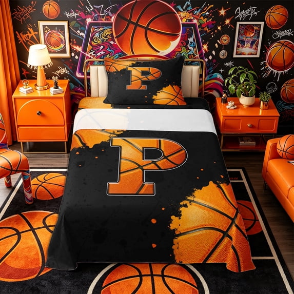 Castle Fairy Orange Basketball Initial P Twin Sheets 3pcs, Abstract Watercolor Splash Bedding, Black Orange,1 Fitted Sheet, 1 Flat Sheet and 1 Pillowcase