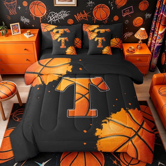 Castle Fairy Orange Basketball Initial T Full Size Bedding Sets 7 Pieces, Abstract Watercolor Splash Full Size Bed in a Bag, Black Orange,Black Reversible