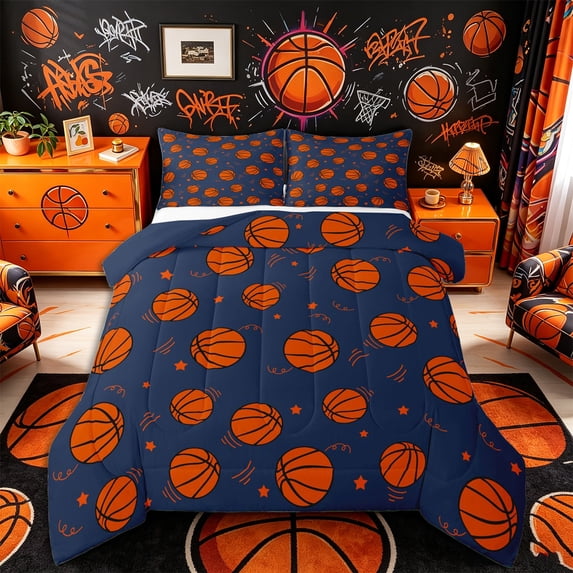 Castle Fairy Orange Basketball King Size Comforter Sets 3pcs, Sport Theme Comforters King Size, Blue Orange,Navy Blue Reversible,1 Comforter and 2 Pillowcases