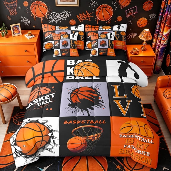 Castle Fairy Orange Basketball Print Queen Bedding 7pcs, Sport Ball Game Pattern Bedding Comforter Set Queen, Black Reversible