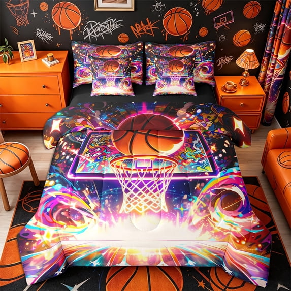 Castle Fairy Orange Basketball Print Twin Bedding 7-Piece, Sport Theme Graffiti Splash Bedding Comforter Set,Black Reversible