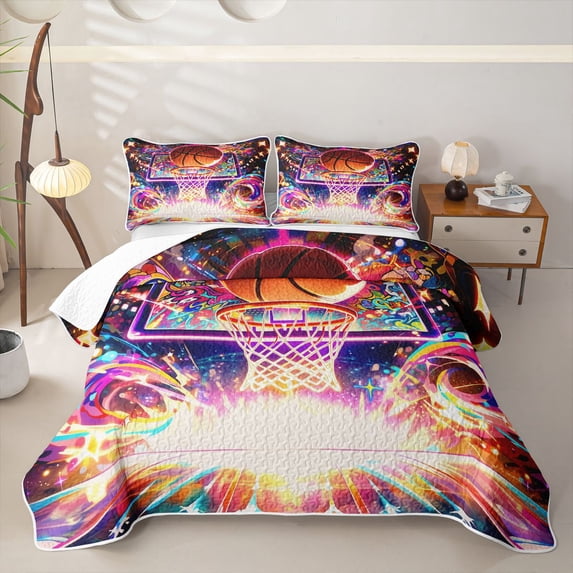 Castle Fairy Orange Basketball Print Twin Quilt Set,Sport Theme Graffiti Splash Twin Coverlet Set