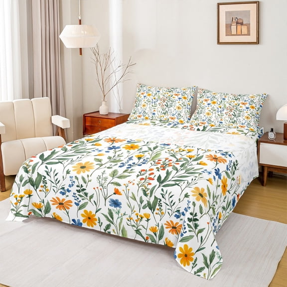 Castle Fairy Orange Flowers Twin Sheet Sets 3pcs for Boys Girls,Chic Floral Blossoms Twin Fitted Sheet Microfiber,Retro Vintage Aesthetic Breathable Flat Sheet,Ultra Soft Home Decor