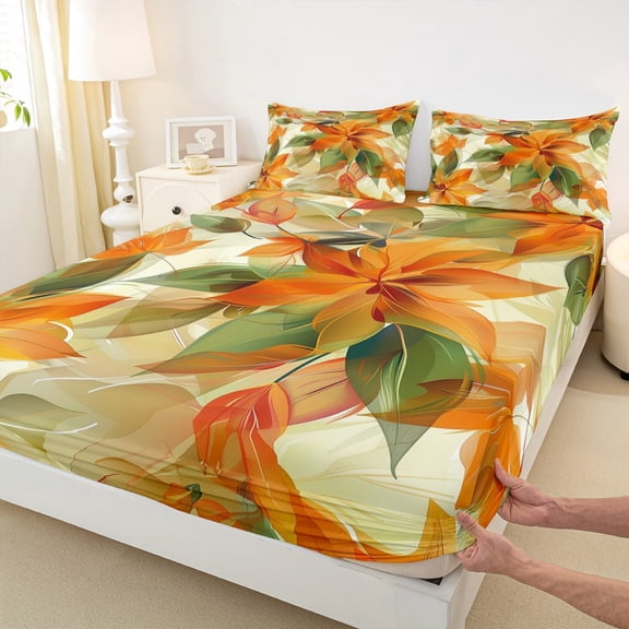 Castle Fairy Orange Leaves 3pcs Twin Sheet Sets,Autumn Fall Twin Fitted Sheet,Botanical Plants Breathable Flat Sheet,Luxury Teens Bedroom Decor
