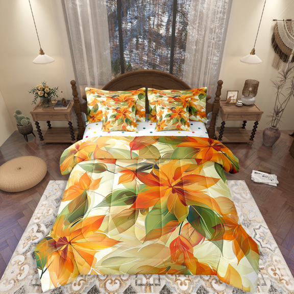 Castle Fairy Orange Leaves 7-Piece Twin Bedding Sets,Autumn Fall Bedding Comforter Set,Botanical Plants Breathable Sheet Sets,Luxury Teens Bedroom Decor,Reversible