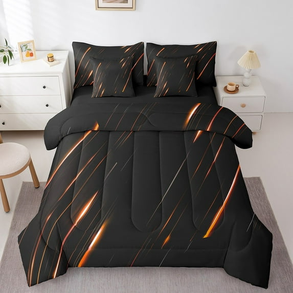 Castle Fairy Orange Lines 7-Piece Bedding Comforter Set,Neon Lights King Bedding Sets,Geometric Stripes Ultra Soft Bed Sheets,Lightweight Abstract Room Decor,Reversible