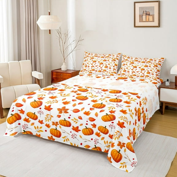 Castle Fairy Orange Pumpkin 4 Pieces Queen Sheet Sets,Autumn Fall Ultra Soft Flat Sheet,Tree Leaves Queen Fitted Sheet,Luxury Teenagers Bedroom Decor