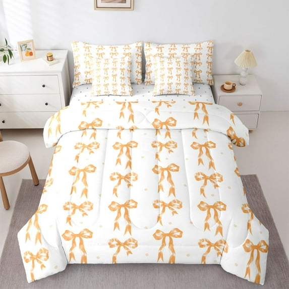 Castle Fairy Orange Ribbon Bow Bedding Comforter Set,Polka Dots King Bedding Sets