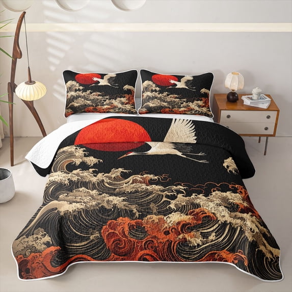 Castle Fairy Oriental Red Crane Wave Quilt Full,Crimson Sun Japanese Seascape Full Bedspread Sets,Black Rust