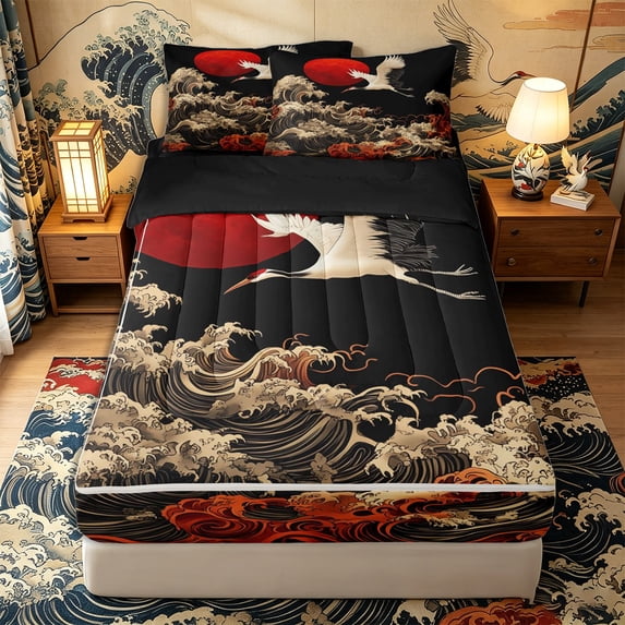 Castle Fairy Oriental Red Crane Wave Zipper Queen Comforter Set with Fitted Sheet and 2 Pillowcases,Crimson Sun Japanese Seascape Zipper Bedding Set,Black Rust,Black Reversible,4 Pieces