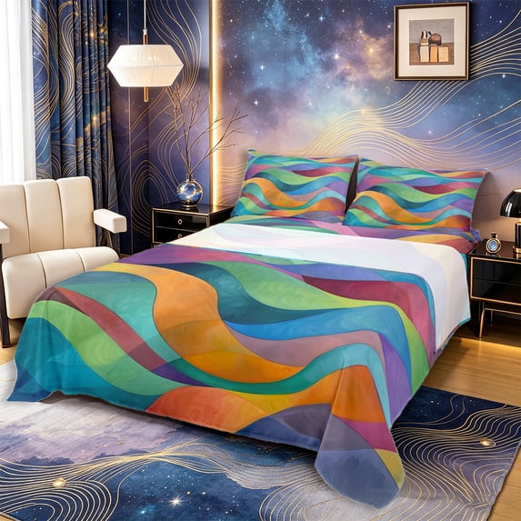 Castle Fairy Painterly Rainbow Wave King Sheets 4pcs,Transparent Curved Color Block Print Bedding,Vivid Pastel,1 Fitted Sheet,1 Flat Sheet and 2 Pillowcases