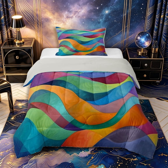 Castle Fairy Painterly Rainbow Wave Twin Comforter Sets 2pcs,Transparent Curved Color Block Print Bedding Set,Vivid Pastel,Grey Reversible,1 Comforter and 1 Pillowcase