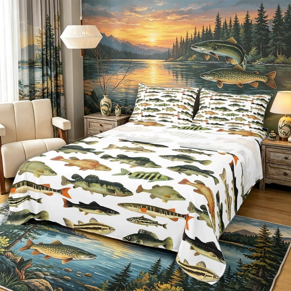 Castle Fairy Panfish Tile Bed Sheets 4-Piece,Mixed Bass White Pattern Full Size Sheets,Moss White,1 Fitted Sheet,1 Flat Sheet and 2 Pillowcases