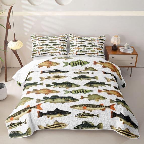 Castle Fairy Panfish Tile Bed Spread Queen,Mixed Bass White Pattern Queen Coverlet Set,Moss White
