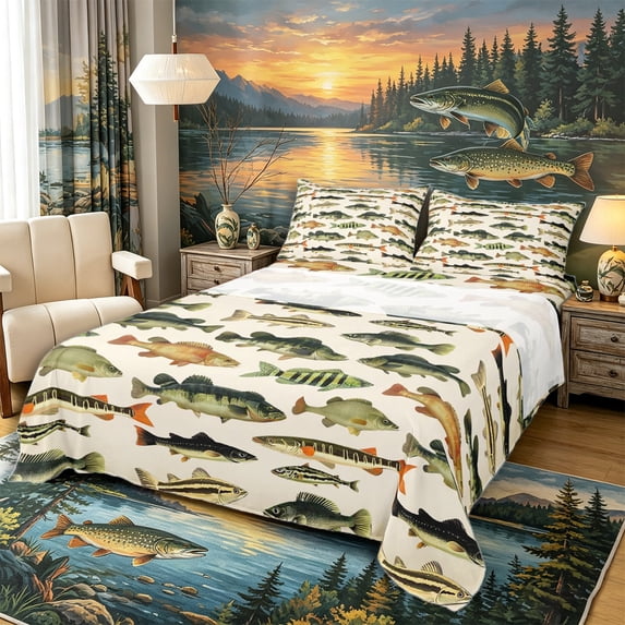 Castle Fairy Panfish Tile King Sheets 4pcs,Mixed Bass Cream Pattern Bedding,Moss Cream,1 Fitted Sheet,1 Flat Sheet and 2 Pillowcases
