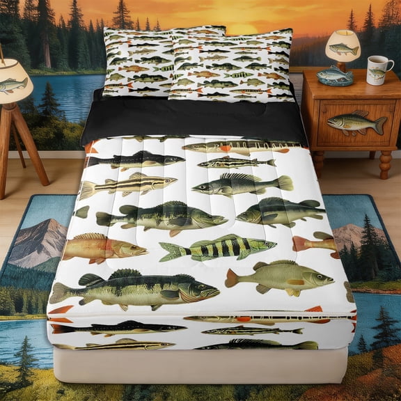 Castle Fairy Panfish Tile Zipper Queen Comforter Set with Fitted Sheet and 2 Pillowcases,Mixed Bass White Pattern Zipper Bedding Set,Moss White,Black Reversible,4 Pieces