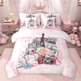 thumbnail image 1 of Castle Fairy Paris Eiffel Tower Bedding Comforter Set 7pcs for Girls,Valentine's Day Floral Rose Queen Bedding Sets Super Cozy,Romantic Gradient Marble Queen Sheet Sets,Lightweight Room Decor, 1 of 8