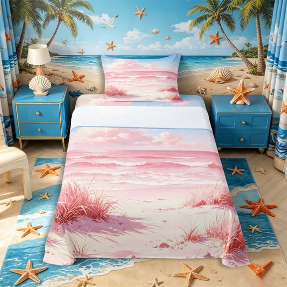 Castle Fairy Pastel Dreamy Pink Beach Twin Sheets 3pcs,Fluffy Cloud Gentle Wave Seascape Bedding,Blush Blue,1 Fitted Sheet,1 Flat Sheet and 1 Pillowcase