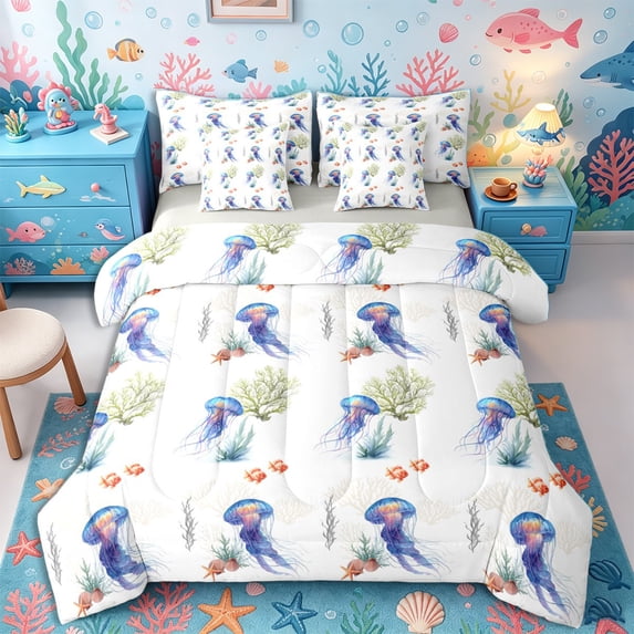 Castle Fairy Pastel Watercolor Jellyfish Full Size Bedding Sets 7 Pieces,Coral Small Fish Underwater Graphic Full Size Bed in a Bag,Lavender Orange,Grey Reversible