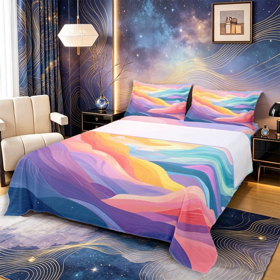 Castle Fairy Pastel Wave Mountain Print King Sheets 4pcs,Flowing Layer Hill Sky Abstract Art Bedding,Pink Teal,1 Fitted Sheet,1 Flat Sheet and 2 Pillowcases