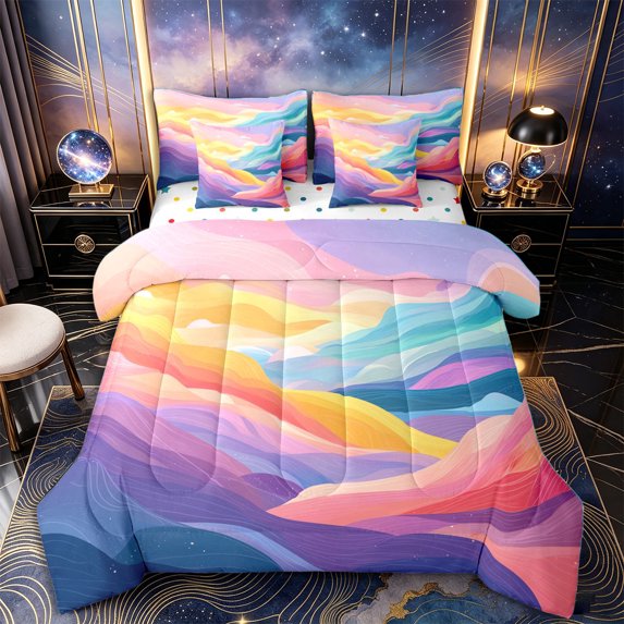 Castle Fairy Pastel Wave Mountain Print Queen Bedding 7pcs,Flowing Layer Hill Sky Abstract Art Bedding Comforter Set Queen,Pink Teal,Reversible
