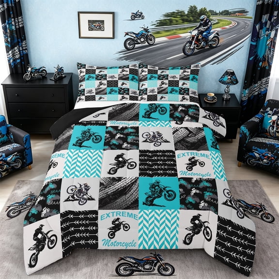 Castle Fairy Patchwork Extreme Motorcycle Queen Comforter Set 3pcs for Youth, Chevron Dirt Bike Bedding Comforter Set for Modern Room, Blue Grey,Black Reversible