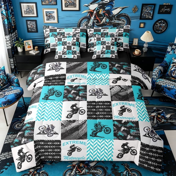 Castle Fairy Patchwork Extreme Motorcycle Twin Bedding Sets 7-Piece for Youth, Chevron Dirt Bike Bedding Comforter Set for Modern Room, Blue Grey,Black Reversible