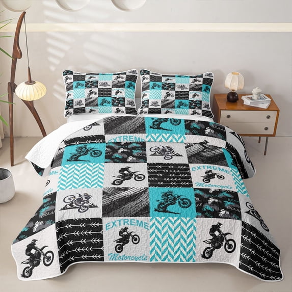 Castle Fairy Patchwork Extreme Motorcycle Twin Quilt Set,Chevron Dirt Bike Twin Coverlet Set,Blue Grey