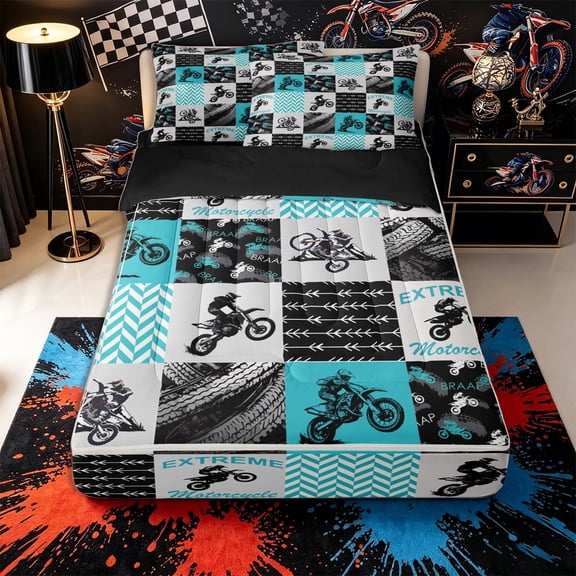 Castle Fairy Patchwork Extreme Motorcycle Zipper Twin Comforter Sets with Fitted Sheet and 2 Pillowcases,Chevron Dirt Bike Zipper Bedding Set,Blue Grey,4-Piece,Black Reversible