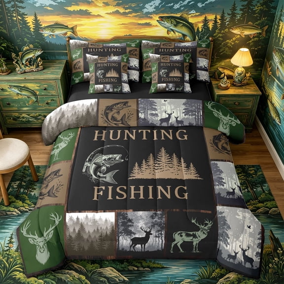 Castle Fairy Patchwork Hunting Fishing Full Size Bedding Sets 7 Pieces,Deer Pine Tree Silhouette Full Size Bed in a Bag,Olive Taupe,Black Reversible