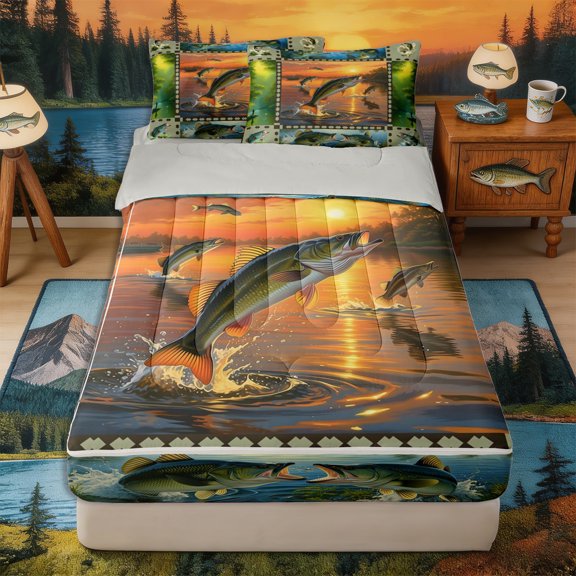 Castle Fairy Patchwork Largemouth Bass Zipper Twin Comforter Sets with Fitted Sheet and 2 Pillowcases,Sunset Lake Fishing Scene Zipper Bedding Set,Olive Orange,Grey Reversible,4-Piece