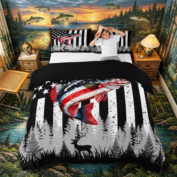 Castle Fairy Patriotic Bass Print Duvet Cover King,Flag Fish Pine Deer Black Wall Graphic King Bedding,Red Black,Black Reversible,3 Pieces,No Comforter,1 Duvet Cover and 2 Pillowcases