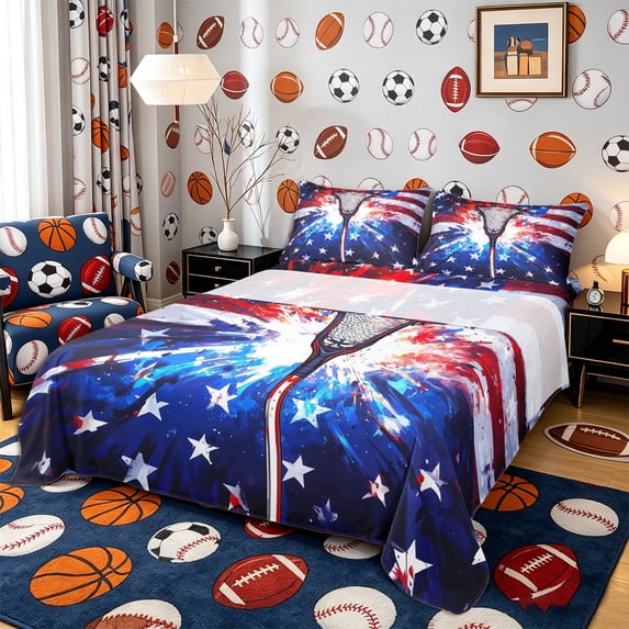 Castle Fairy Patriotic Lacrosse Stick Bed Sheets 4-Piece, American Flag Splash Full Size Sheets, Red White Blue,1 Fitted Sheet, 1 Flat Sheet and 2 Pillowcases