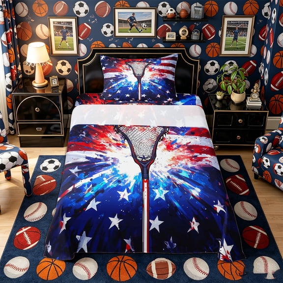 Castle Fairy Patriotic Lacrosse Stick Twin Sheets 3pcs, American Flag Splash Bedding, Red White Blue,1 Fitted Sheet, 1 Flat Sheet and 1 Pillowcase